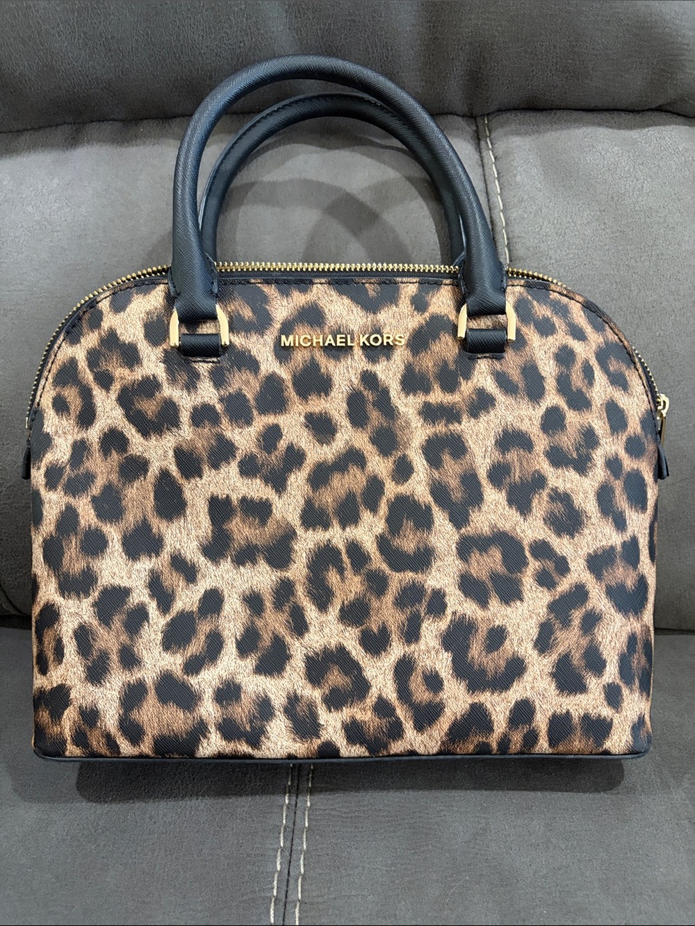 Michael Kors Leopard Print Satchel in Brown and Black with Gold Hardware